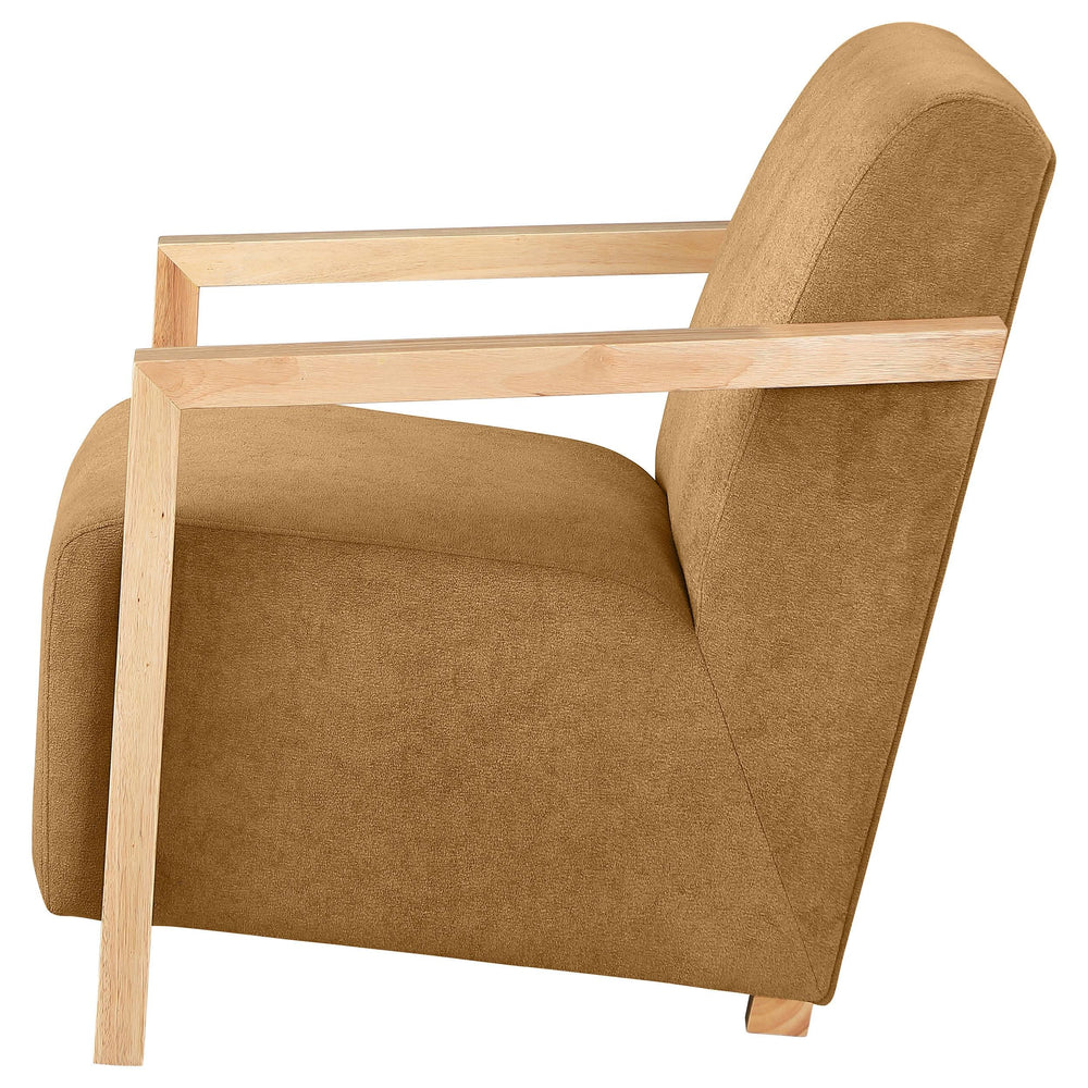 Sillón Diego tapizado con brazos de madera color miel