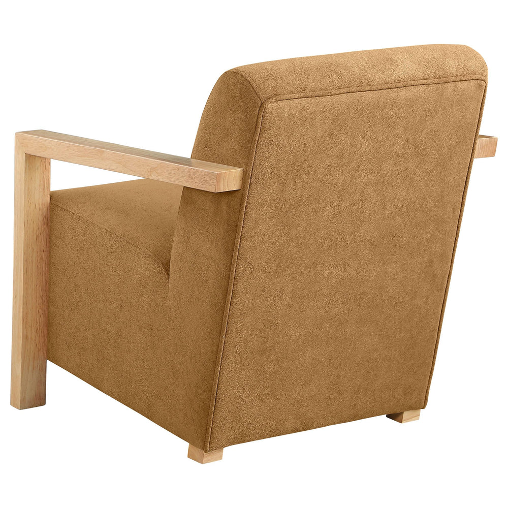 Sillón Diego tapizado con brazos de madera color miel