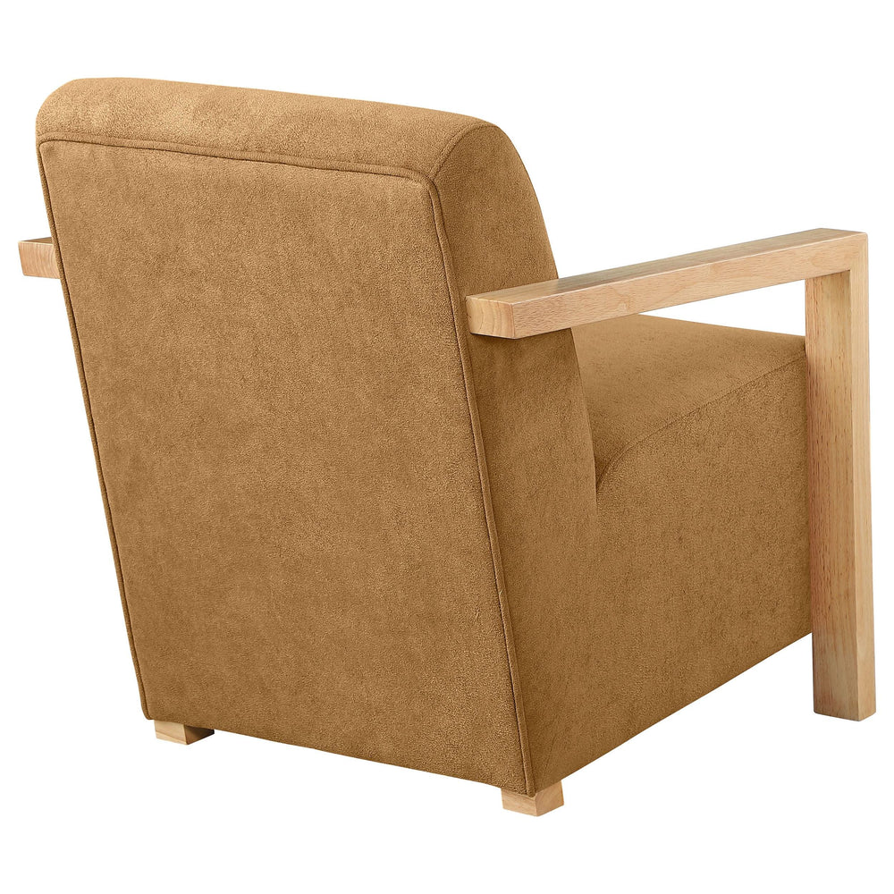 Sillón Diego tapizado con brazos de madera color miel