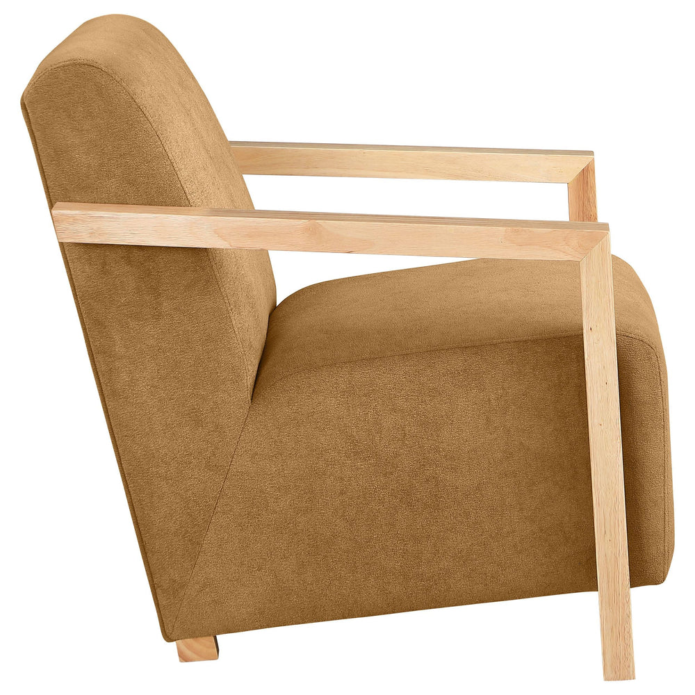 Sillón Diego tapizado con brazos de madera color miel