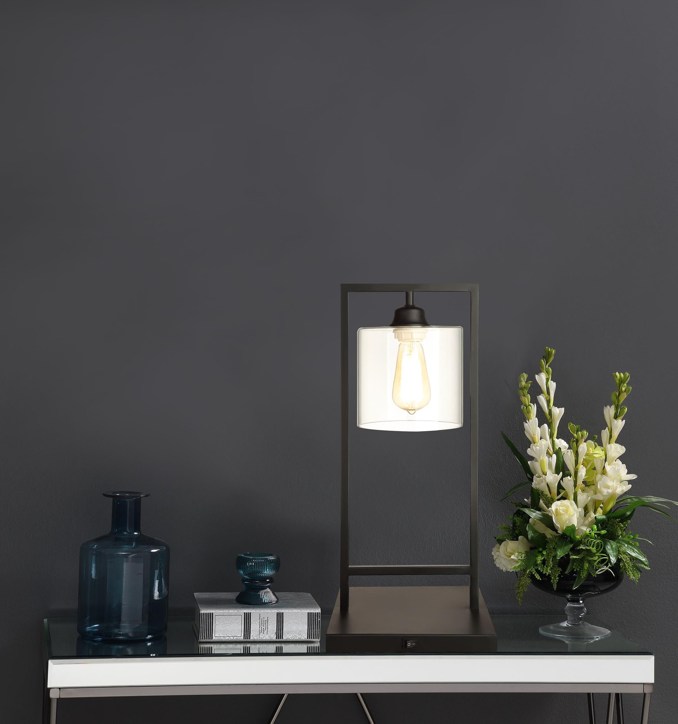 Shoto 20-inch Glass Shade Metal Bedside Table Lamp Black