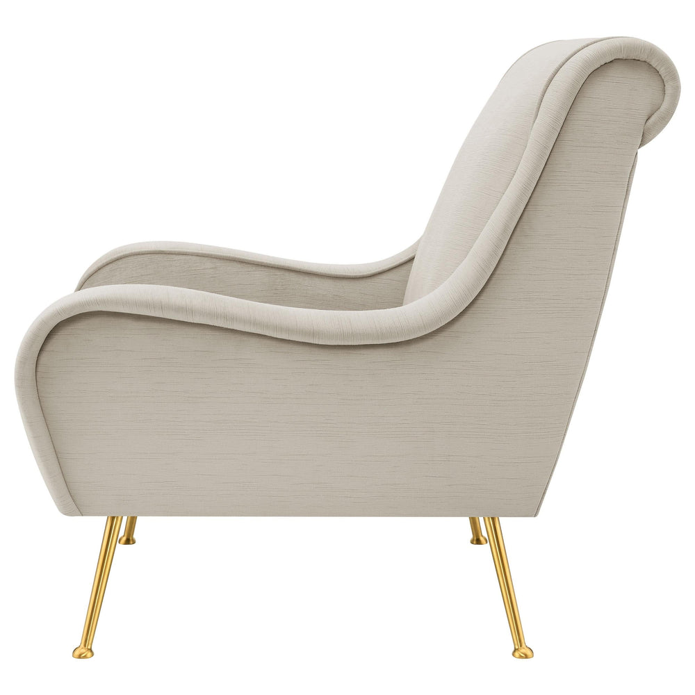 Silla decorativa tapizada Ricci con brazos tipo silla de montar en color piedra