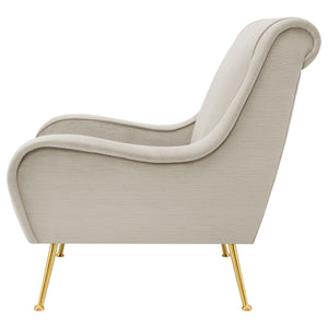 Silla decorativa tapizada Ricci con brazos tipo silla de montar en color piedra