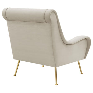Silla decorativa tapizada Ricci con brazos tipo silla de montar en color piedra
