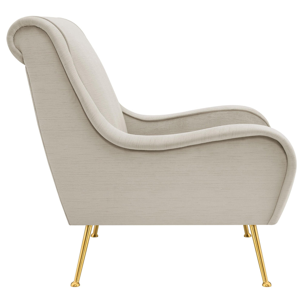 Silla decorativa tapizada Ricci con brazos tipo silla de montar en color piedra