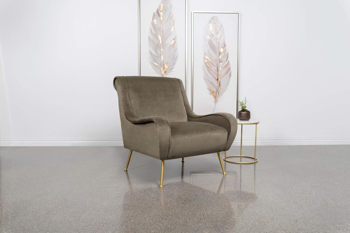 Silla decorativa tapizada Ricci con brazos tipo silla de montar, color trufa