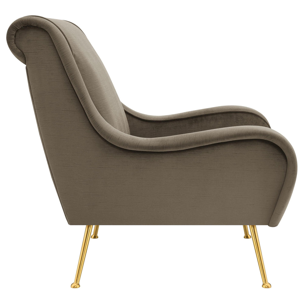 Silla decorativa tapizada Ricci con brazos tipo silla de montar, color trufa