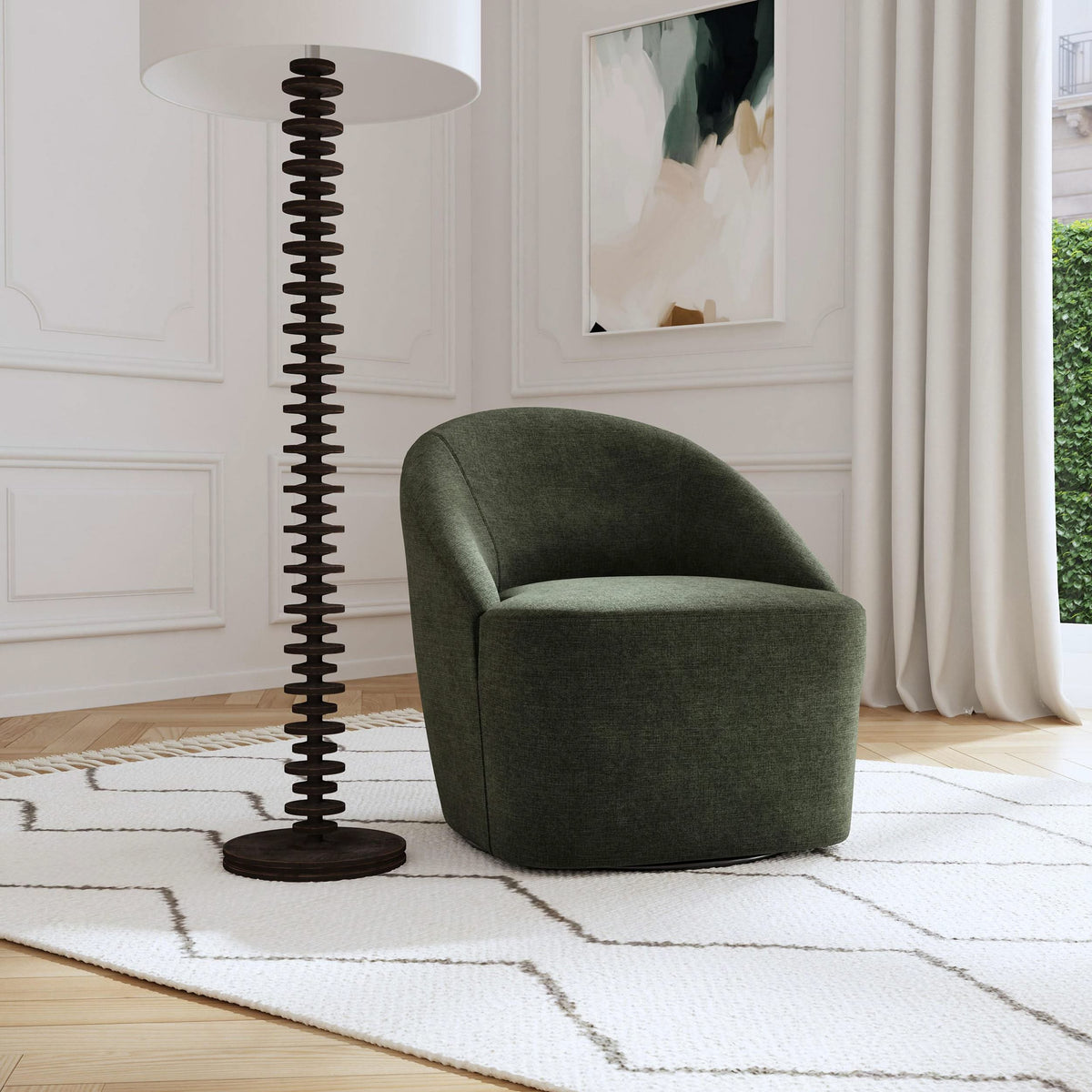 Silla giratoria con acento de barril tapizada Leon, verde cazador