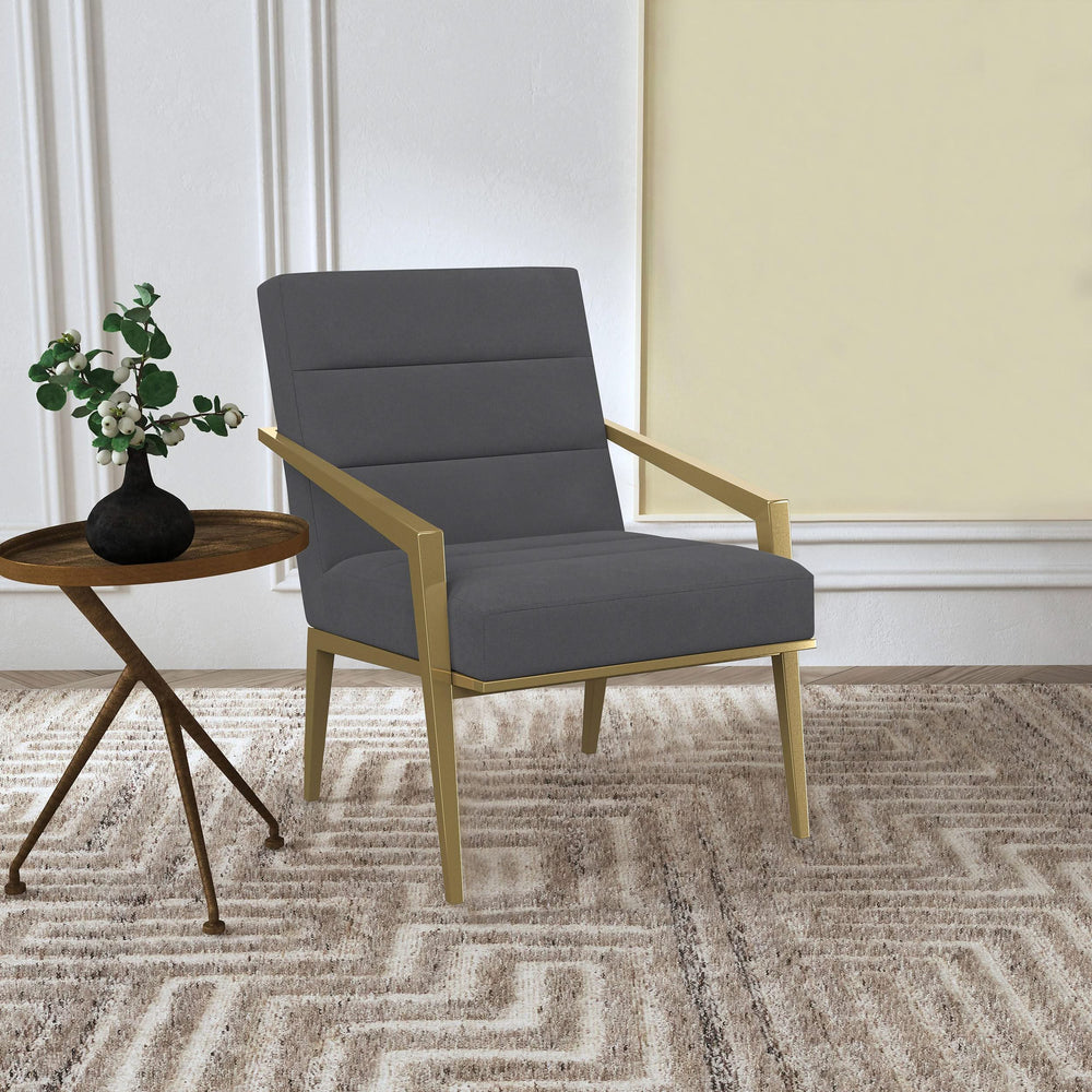 Sillón Kirra tapizado con brazos de metal, color gris oscuro
