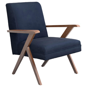 Sillón Cheryl con brazos de madera tapizados, color azul oscuro