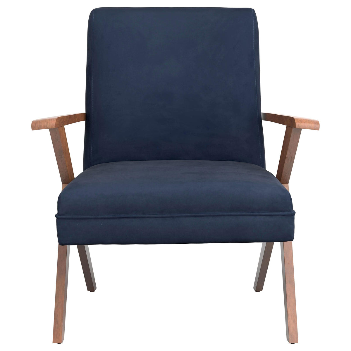 Sillón Cheryl con brazos de madera tapizados, color azul oscuro