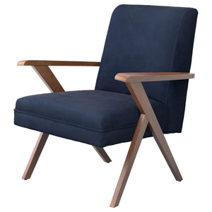 Sillón Cheryl con brazos de madera tapizados, color azul oscuro