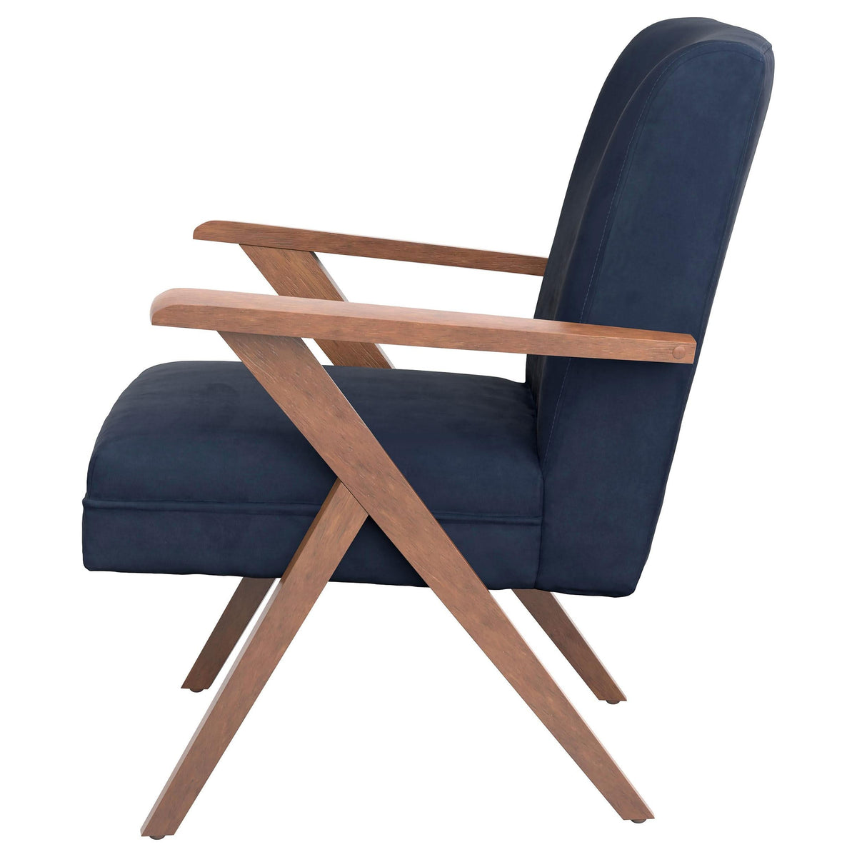 Sillón Cheryl con brazos de madera tapizados, color azul oscuro
