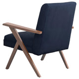 Sillón Cheryl con brazos de madera tapizados, color azul oscuro
