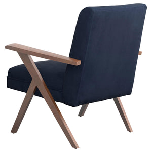 Sillón Cheryl con brazos de madera tapizados, color azul oscuro