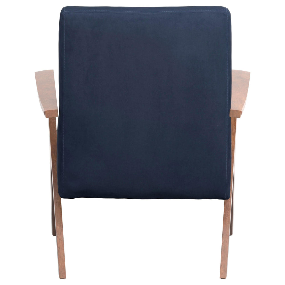 Sillón Cheryl con brazos de madera tapizados, color azul oscuro