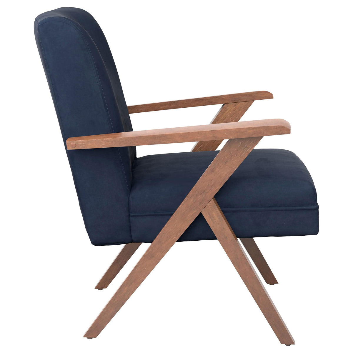 Sillón Cheryl con brazos de madera tapizados, color azul oscuro