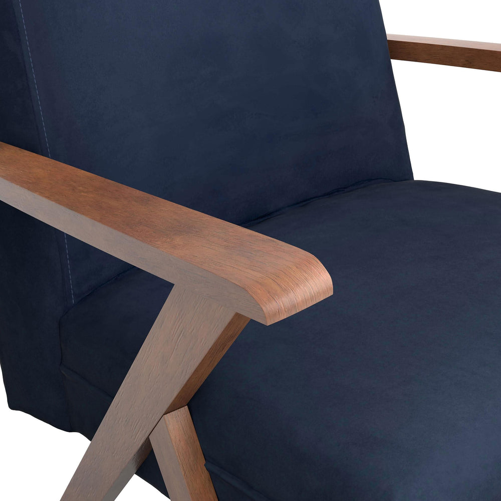 Sillón Cheryl con brazos de madera tapizados, color azul oscuro