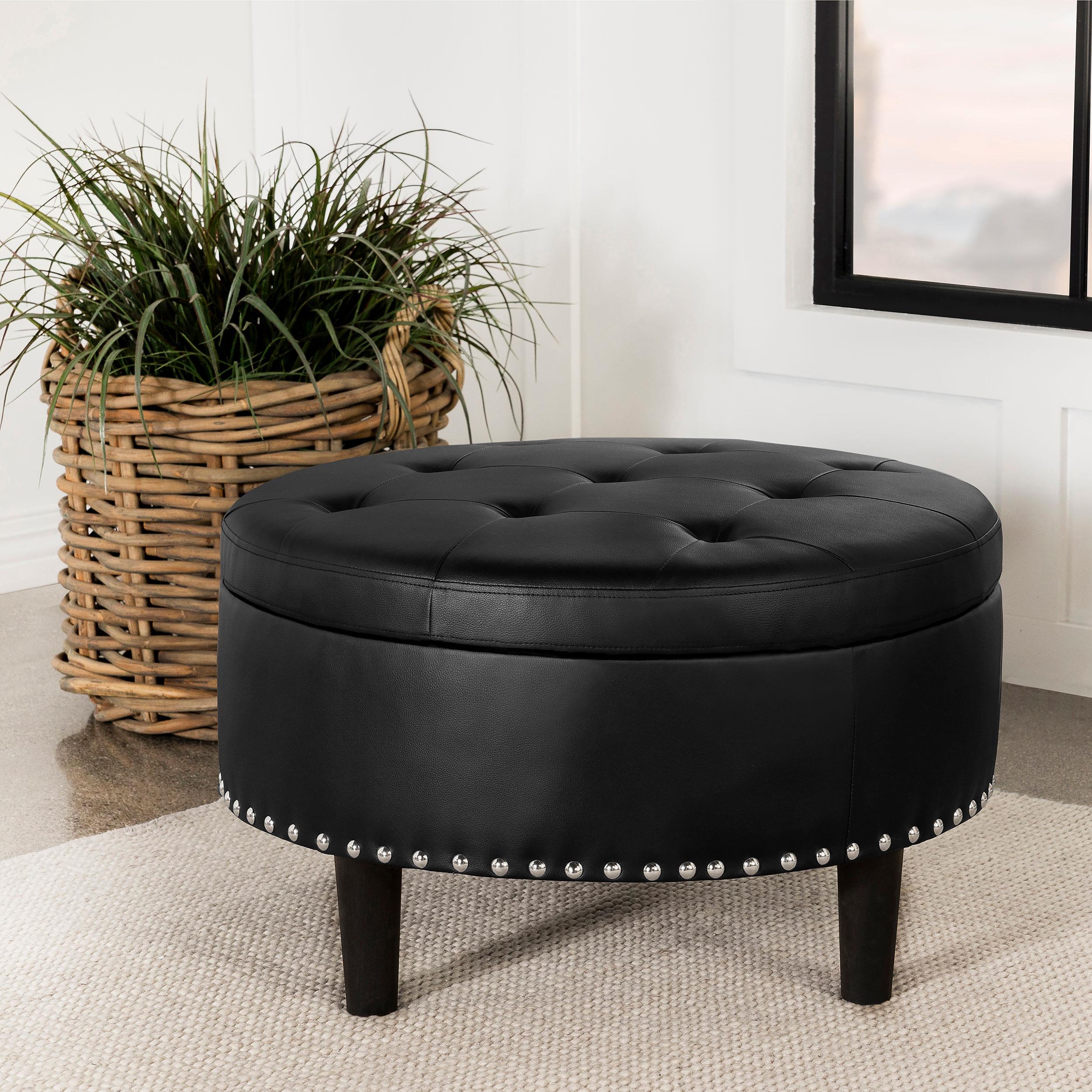 Jace Round Upholstered Storage Ottoman Black