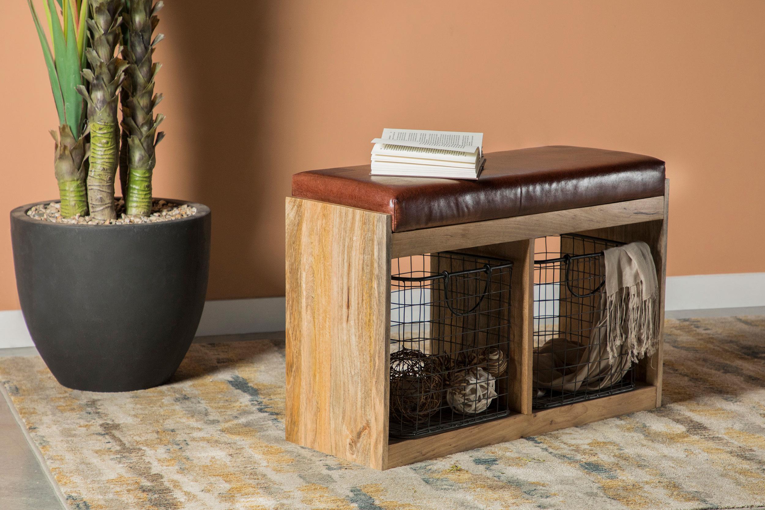 Abrielle Upholstered Accent Bench with Baskets Brown