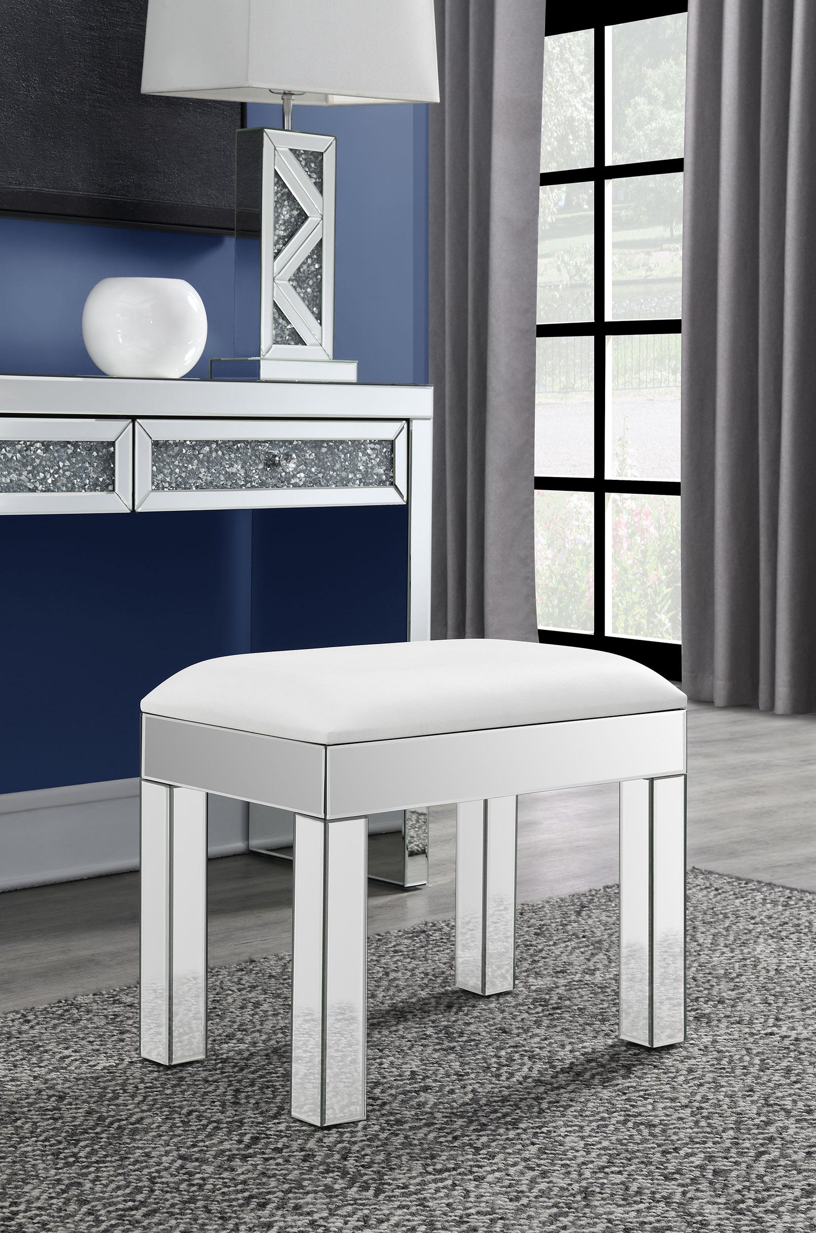 Roxie Rectangular Upholstered Vanity Stool White and Mirror