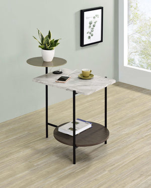 Mesa auxiliar de 3 niveles Ottilie con cargador inalámbrico en blanco y negro