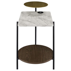 Mesa auxiliar de 3 niveles Ottilie con cargador inalámbrico en blanco y negro