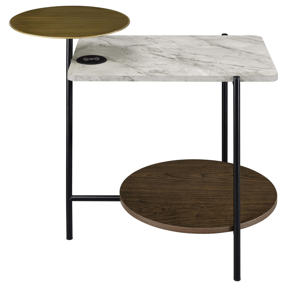 Mesa auxiliar de 3 niveles Ottilie con cargador inalámbrico en blanco y negro