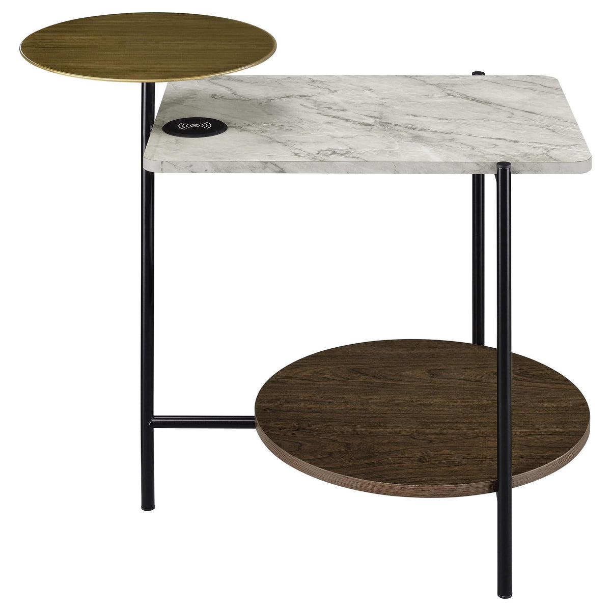 Mesa auxiliar de 3 niveles Ottilie con cargador inalámbrico en blanco y negro
