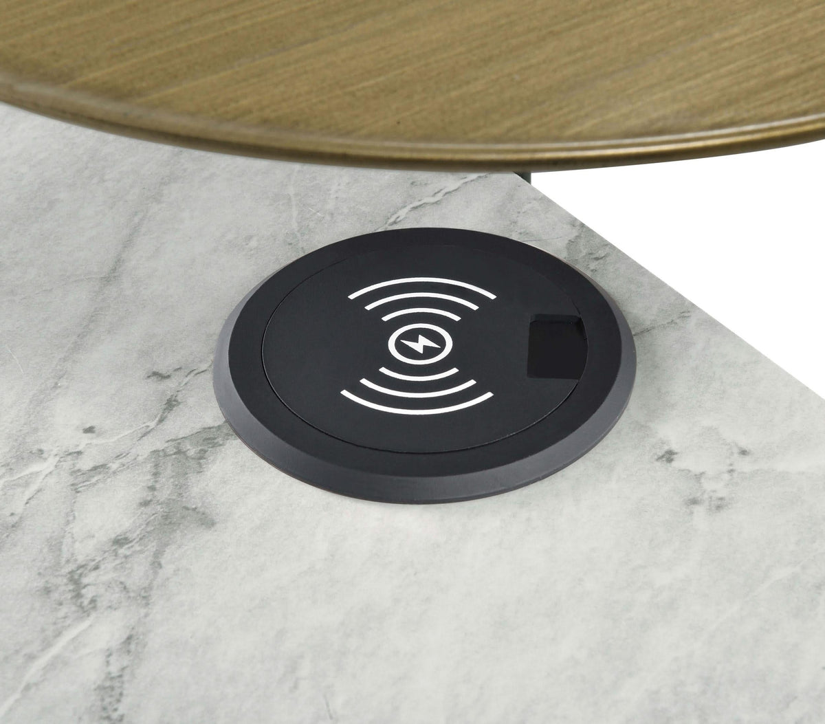 Mesa auxiliar de 3 niveles Ottilie con cargador inalámbrico en blanco y negro