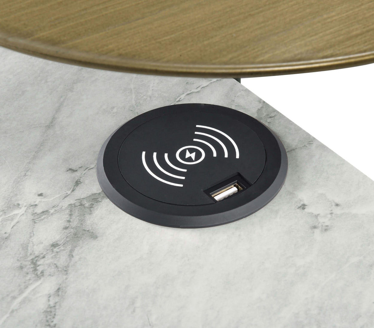 Mesa auxiliar de 3 niveles Ottilie con cargador inalámbrico en blanco y negro