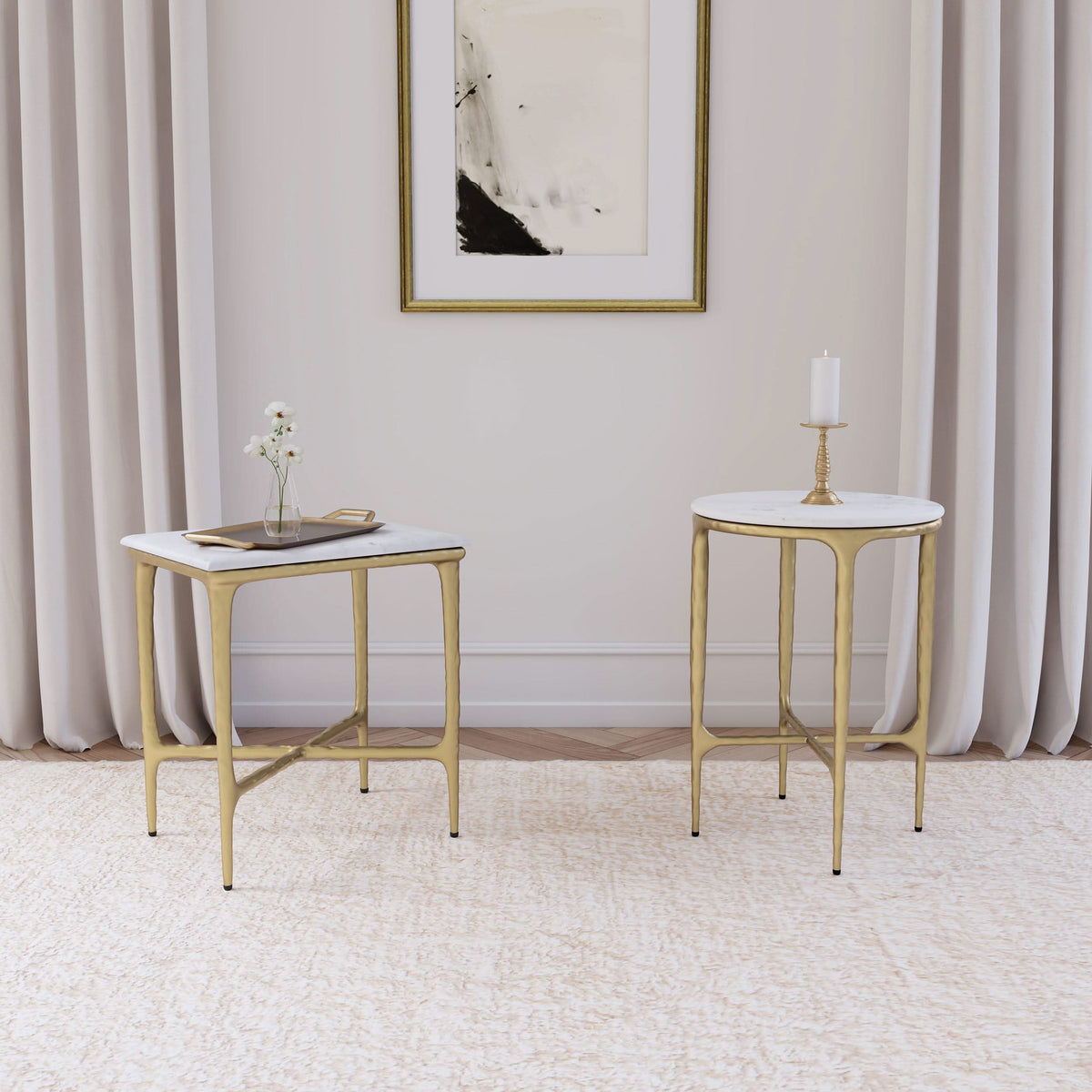 Baldwin Rectangular Marble Top Side Table White and Gold