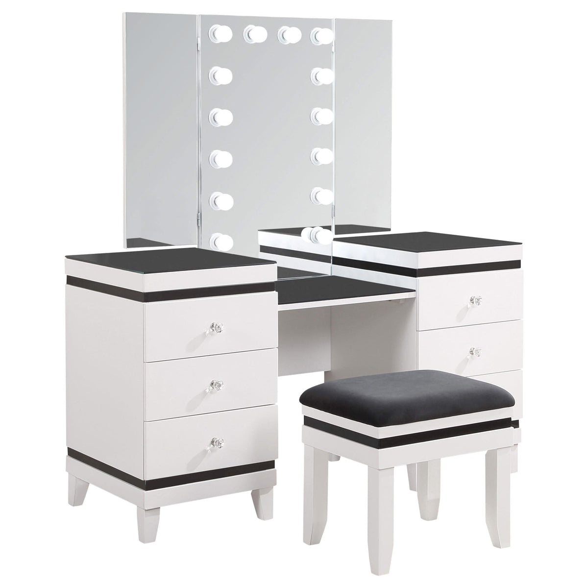 Tocador Talei de 6 cajones con iluminación en blanco y negro