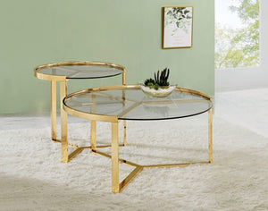 Mesa de centro redonda Delia de dos piezas con tapa de cristal, color dorado