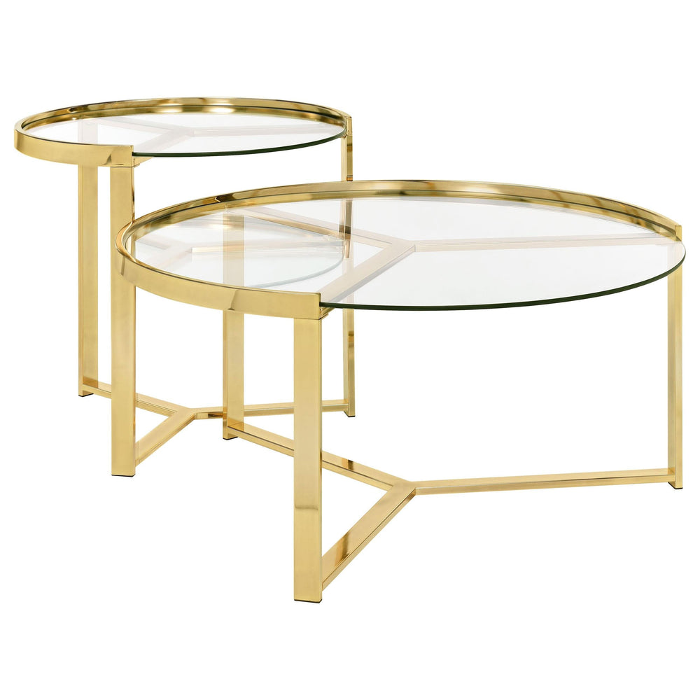 Mesa de centro redonda Delia de dos piezas con tapa de cristal, color dorado