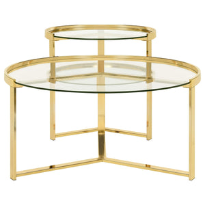 Mesa de centro redonda Delia de dos piezas con tapa de cristal, color dorado
