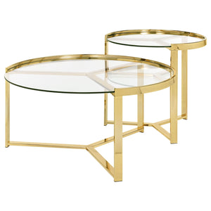 Mesa de centro redonda Delia de dos piezas con tapa de cristal, color dorado