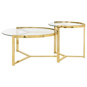 Mesa de centro redonda Delia de dos piezas con tapa de cristal, color dorado