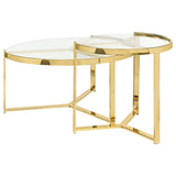 Mesa de centro redonda Delia de dos piezas con tapa de cristal, color dorado