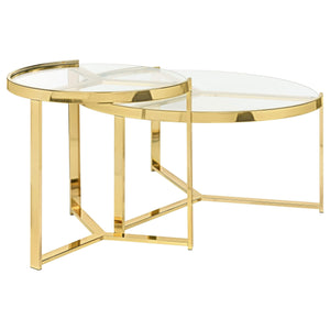 Mesa de centro redonda Delia de dos piezas con tapa de cristal, color dorado
