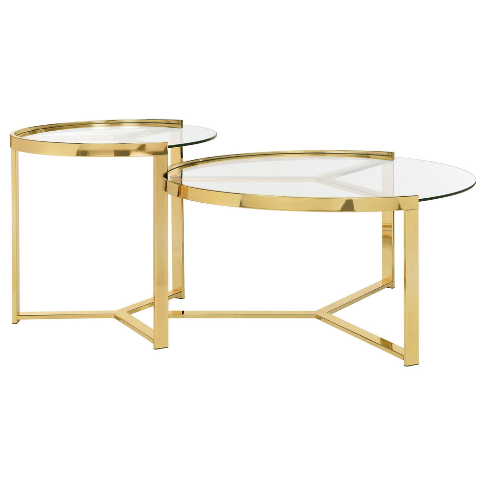 Mesa de centro redonda Delia de dos piezas con tapa de cristal, color dorado