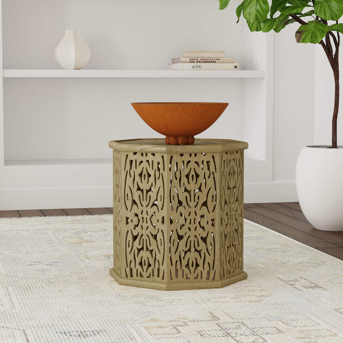 Mesa auxiliar octogonal Torres de madera maciza de mango, color marrón natural