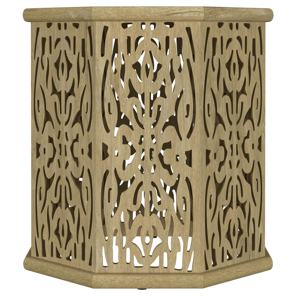 Mesa auxiliar octogonal Torres de madera maciza de mango, color marrón natural