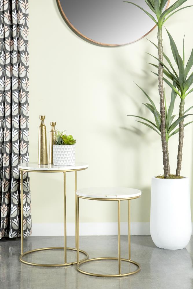Vivienne 2-piece Marble Top Nesting Tables White and Gold
