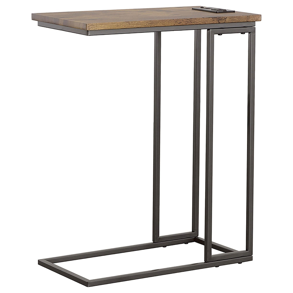 Mesa auxiliar Rudy en forma de C con toma de corriente, color marrón antiguo