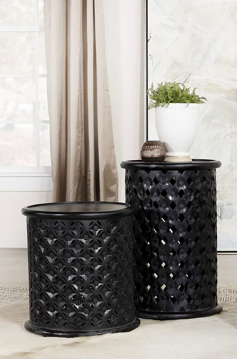 Krish 18-inch Round Mango Wood Side Table Black Stain
