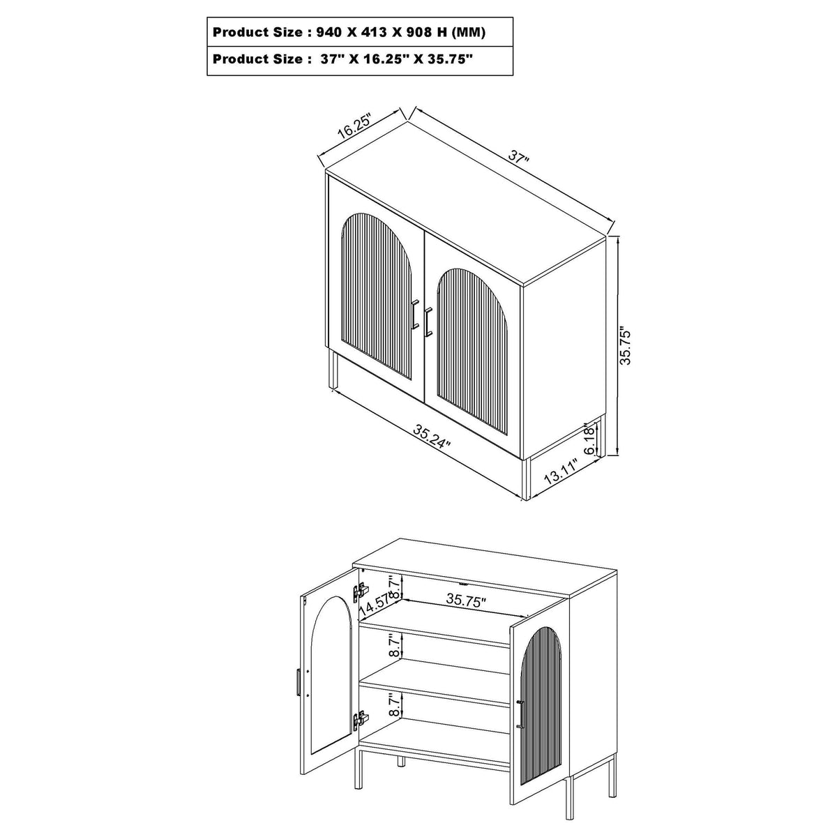 Gabinete decorativo Jess de 2 puertas con vidrio acanalado arqueado, color negro