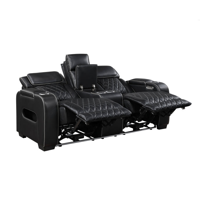 Fairway Collection Power Double Reclining Love Seat with Center Console, Power Headrests, Storage Arms(Top and Side), Cup holders, Charging Ports and LED lighting