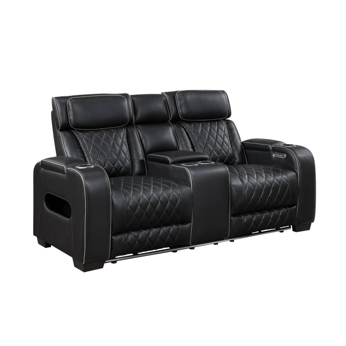 Fairway Collection Power Double Reclining Love Seat with Center Console, Power Headrests, Storage Arms(Top and Side), Cup holders, Charging Ports and LED lighting