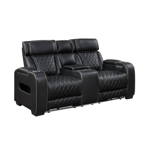 Fairway Collection Power Double Reclining Love Seat with Center Console, Power Headrests, Storage Arms(Top and Side), Cup holders, Charging Ports and LED lighting